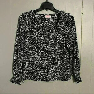 C+D+M Black And White  Long Sleeve Blouse M Ruffle Neck